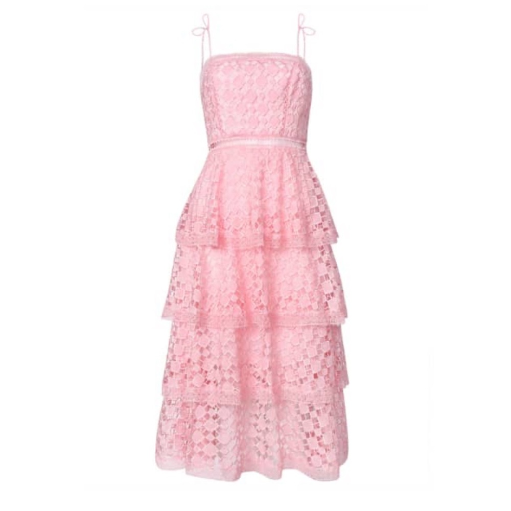 True Decadence Pink Organza Cut Work Lace Tiered Midi Dress
